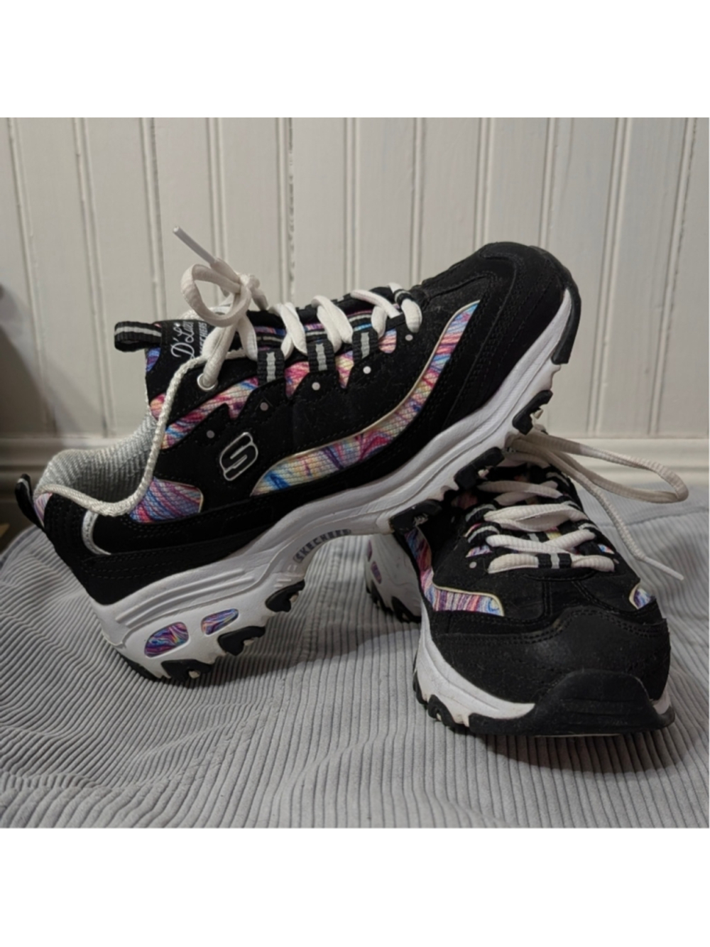 Skechers D’Lites Black Chunky Sneakers Rainbow Y2K Dad Shoes - Picture 2 of 10